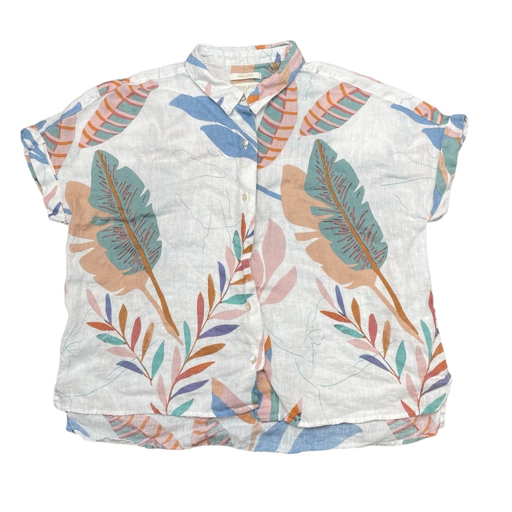 CYNTHIA ROWLEY Casual Button Down Women's Sz L Ivory 100% Linen Cuffed Floral